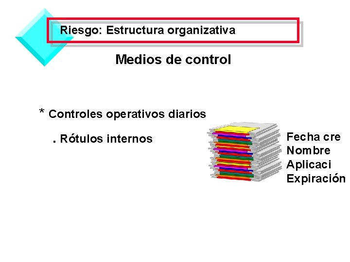 Riesgo: Estructura organizativa Medios de control Controles y procedimientos operativos * Controles operativos diarios.