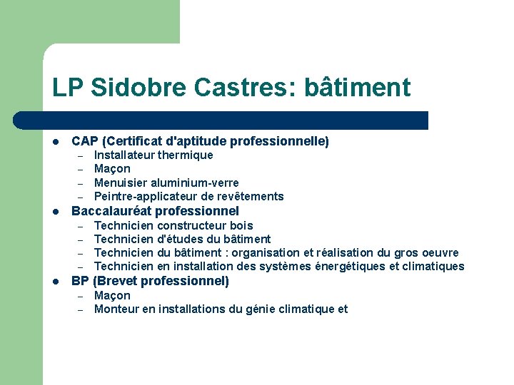 LP Sidobre Castres: bâtiment l CAP (Certificat d'aptitude professionnelle) – – l Baccalauréat professionnel