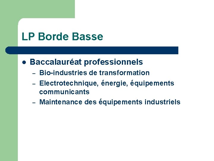 LP Borde Basse l Baccalauréat professionnels – – – Bio-industries de transformation Electrotechnique, énergie,