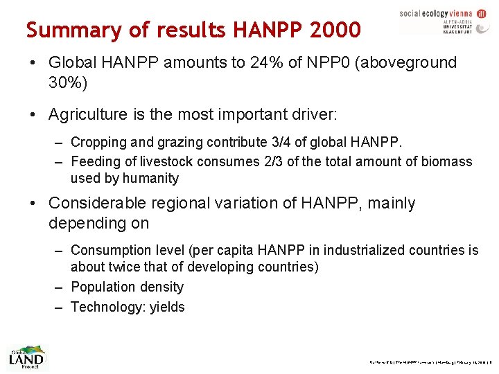 Summary of results HANPP 2000 • Global HANPP amounts to 24% of NPP 0