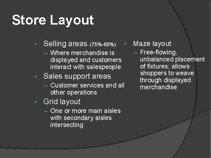 Store Layout • Selling areas (75%-80%) • – Where merchandise is displayed and customers Store Layout • Selling areas (75%-80%) • – Where merchandise is displayed and customers