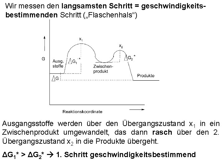 Wir messen den langsamsten Schritt = geschwindigkeitsbestimmenden Schritt („Flaschenhals“) Ausgangsstoffe werden über den Übergangszustand