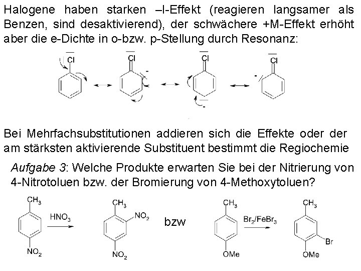 Halogene haben starken –I-Effekt (reagieren langsamer als Benzen, sind desaktivierend), der schwächere +M-Effekt erhöht