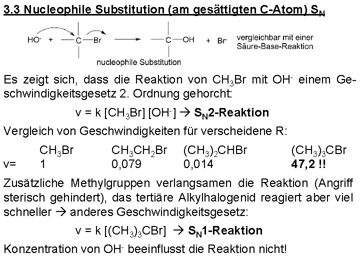 3. 3 Nucleophile Substitution (am gesättigten C-Atom) SN Es zeigt sich, dass die Reaktion