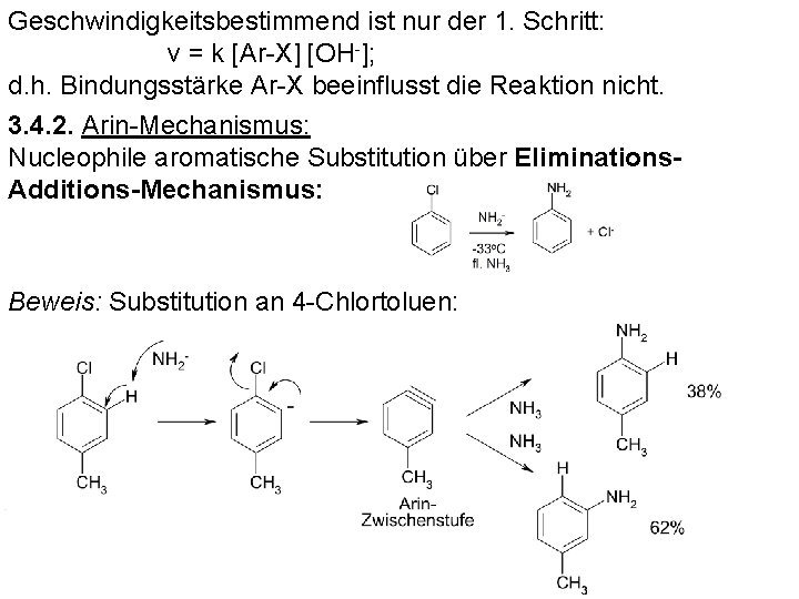 Geschwindigkeitsbestimmend ist nur der 1. Schritt: v = k [Ar-X] [OH-]; d. h. Bindungsstärke