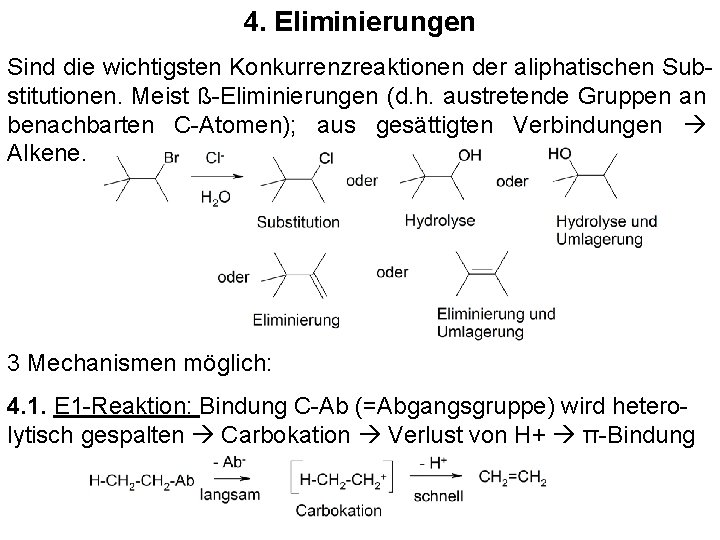 4. Eliminierungen Sind die wichtigsten Konkurrenzreaktionen der aliphatischen Substitutionen. Meist ß-Eliminierungen (d. h. austretende