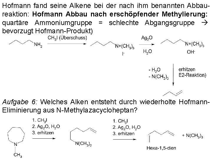 Hofmann fand seine Alkene bei der nach ihm benannten Abbaureaktion: Hofmann Abbau nach erschöpfender