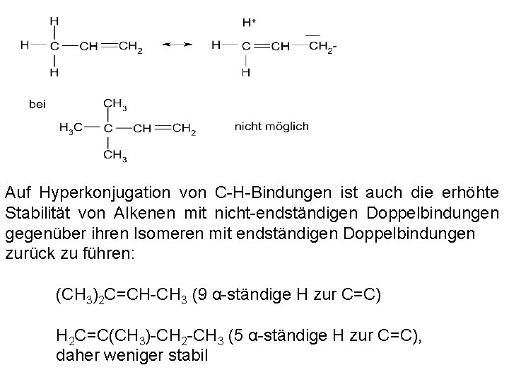 Auf Hyperkonjugation von C-H-Bindungen ist auch die erhöhte Stabilität von Alkenen mit nicht-endständigen Doppelbindungen