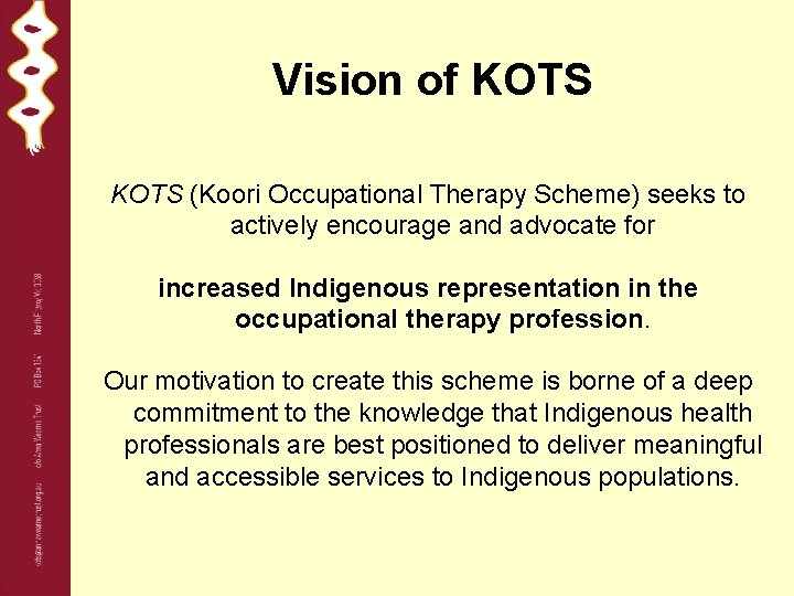 Vision of KOTS (Koori Occupational Therapy Scheme) seeks to actively encourage and advocate for