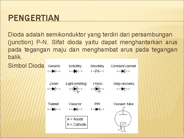 PENGERTIAN Dioda adalah semikonduktor yang terdiri dari persambungan (junction) P-N. Sifat dioda yaitu dapat