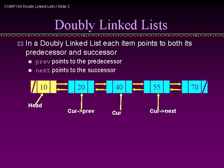 COMP 104 Doubly Linked Lists / Slide 2 Doubly Linked Lists * In a