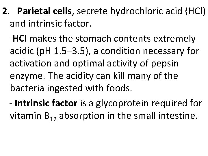 2. Parietal cells, secrete hydrochloric acid (HCl) and intrinsic factor. -HCl makes the stomach