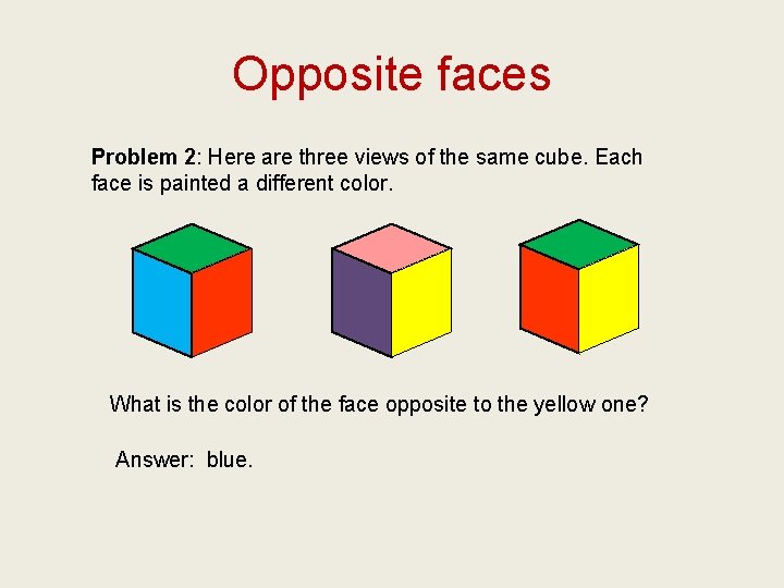 Opposite faces Problem 2: Here are three views of the same cube. Each face