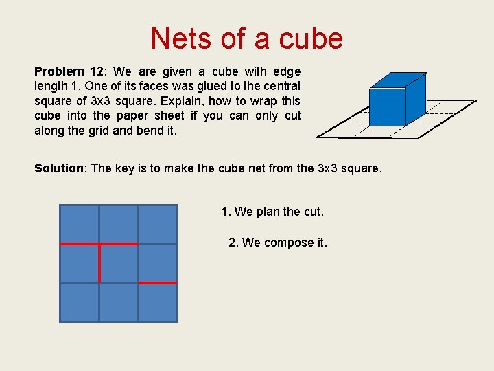 Nets of a cube Problem 12: We are given a cube with edge length