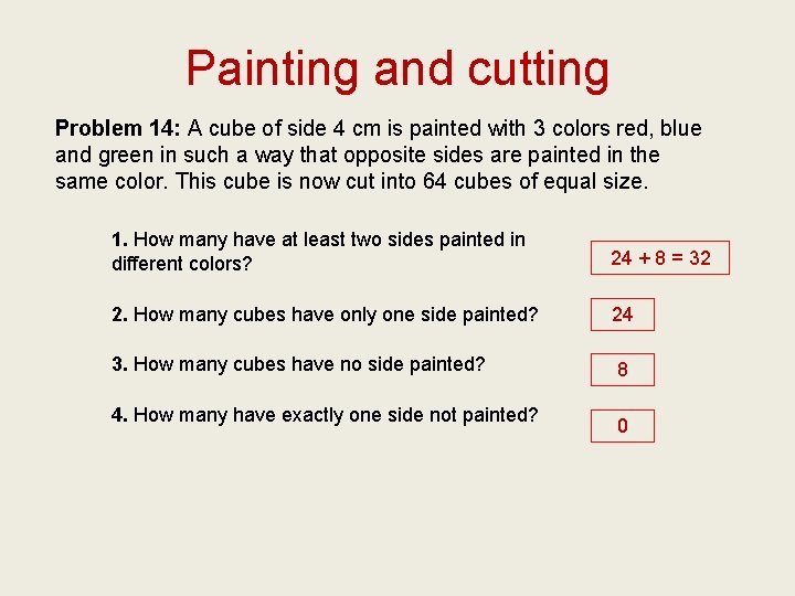 Painting and cutting Problem 14: A cube of side 4 cm is painted with