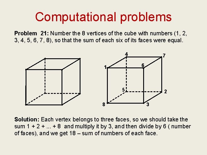 Computational problems Problem 21: Number the 8 vertices of the cube with numbers (1,