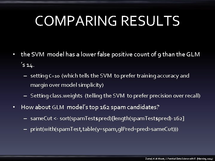 COMPARING RESULTS • the SVM model has a lower false positive count of 9