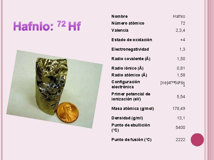 Nombre Hafnio: 72 Hf Número atómico Valencia Hafnio 72 2, 3, 4 Estado de