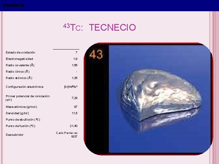 Valencia 43 TC: TECNECIO Estado de oxidación 7 Electronegatividad 1, 9 Radio covalente (Å)