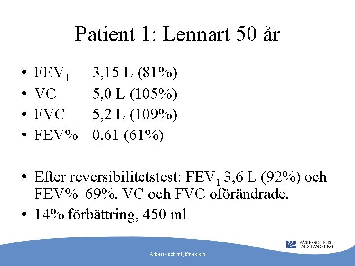 Patient 1: Lennart 50 år • • FEV 1 VC FEV% 3, 15 L