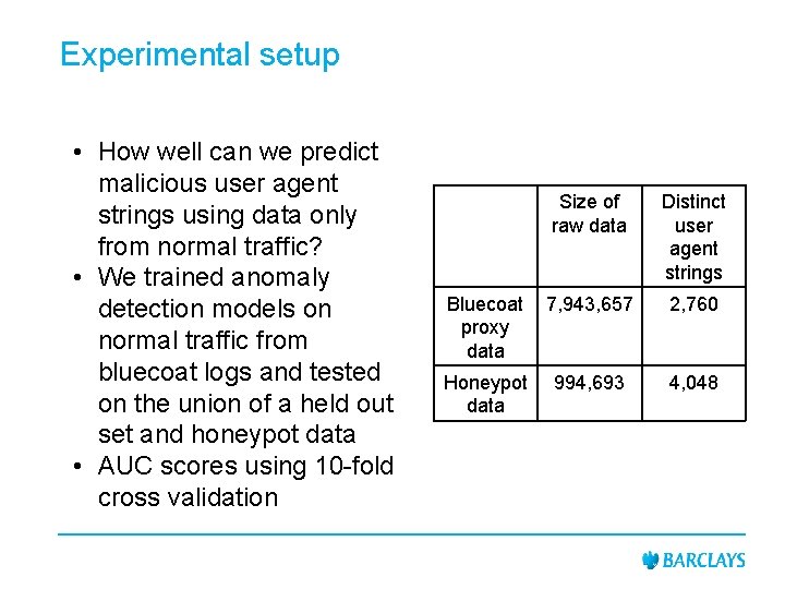 Experimental setup • How well can we predict malicious user agent strings using data