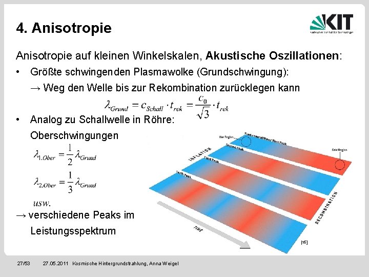 4. Anisotropie auf kleinen Winkelskalen, Akustische Oszillationen: • Größte schwingenden Plasmawolke (Grundschwingung): → Weg