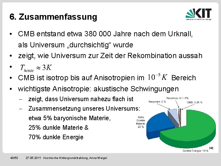 6. Zusammenfassung • CMB entstand etwa 380 000 Jahre nach dem Urknall, als Universum