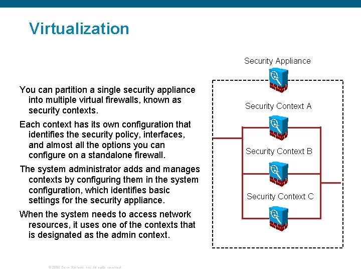 Virtualization Security Appliance You can partition a single security appliance into multiple virtual firewalls, Virtualization Security Appliance You can partition a single security appliance into multiple virtual firewalls,