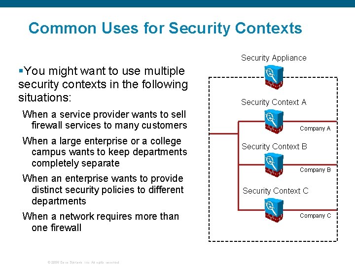 Common Uses for Security Contexts Security Appliance §You might want to use multiple security Common Uses for Security Contexts Security Appliance §You might want to use multiple security