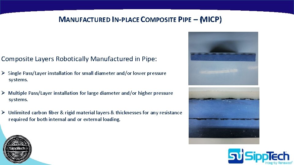 MANUFACTURED IN-PLACE COMPOSITE PIPE – (MICP) Composite Layers Robotically Manufactured in Pipe: Ø Single