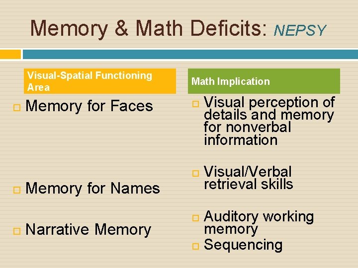 Memory & Math Deficits: NEPSY Visual-Spatial Functioning Area Math Implication Memory for Faces Memory