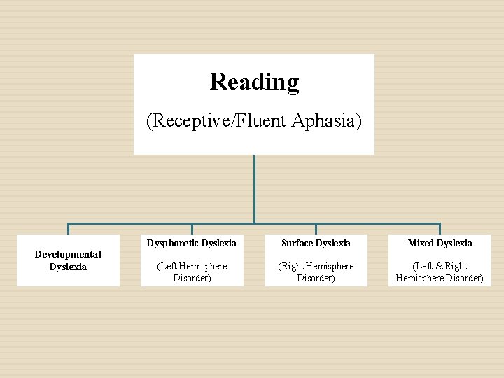 Reading (Receptive/Fluent Aphasia) Developmental Dyslexia Dysphonetic Dyslexia Surface Dyslexia Mixed Dyslexia (Left Hemisphere Disorder)