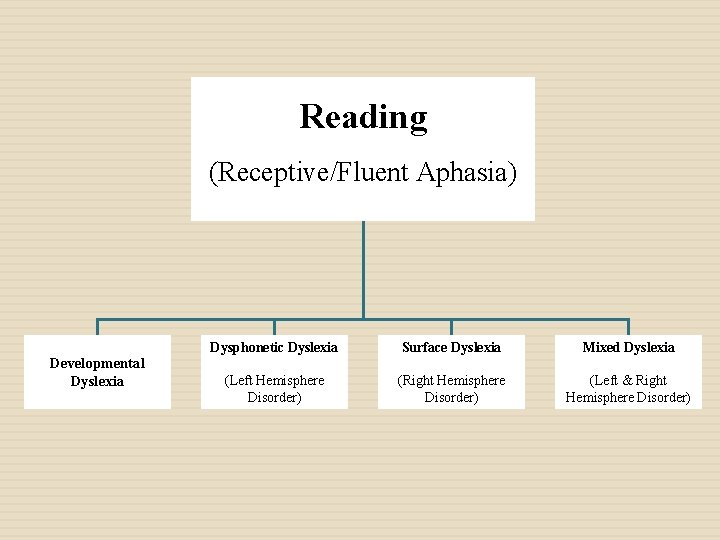 Reading (Receptive/Fluent Aphasia) Developmental Dyslexia Dysphonetic Dyslexia Surface Dyslexia Mixed Dyslexia (Left Hemisphere Disorder)