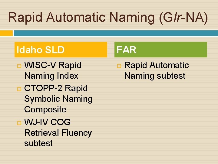 Rapid Automatic Naming (Glr-NA) Idaho SLD WISC-V Rapid Naming Index CTOPP-2 Rapid Symbolic Naming