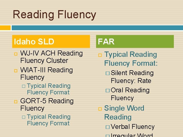 Reading Fluency Idaho SLD WJ-IV ACH Reading Fluency Cluster WIAT-III Reading Fluency FAR �