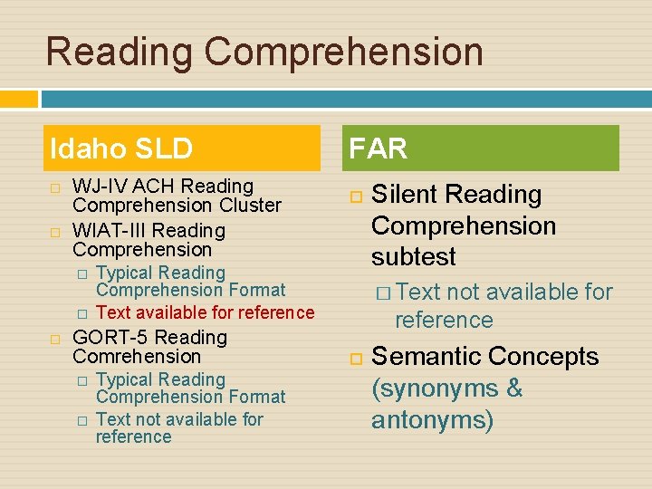 Reading Comprehension Idaho SLD WJ-IV ACH Reading Comprehension Cluster WIAT-III Reading Comprehension � �