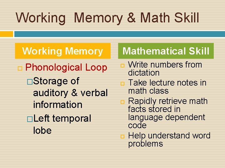 Working Memory & Math Skill Working Memory Phonological Loop �Storage of auditory & verbal