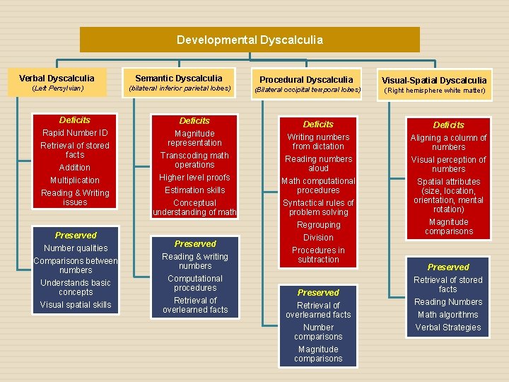 Developmental Dyscalculia Verbal Dyscalculia Semantic Dyscalculia (Left Persylvian) (bilateral inferior parietal lobes) Deficits Rapid