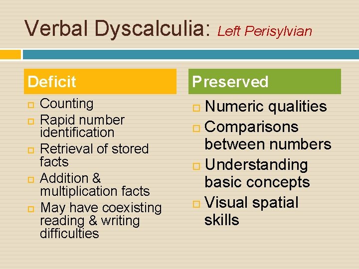 Verbal Dyscalculia: Left Perisylvian Deficit Counting Rapid number identification Retrieval of stored facts Addition