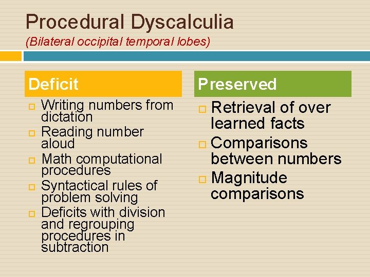 Procedural Dyscalculia (Bilateral occipital temporal lobes) Deficit Writing numbers from dictation Reading number aloud