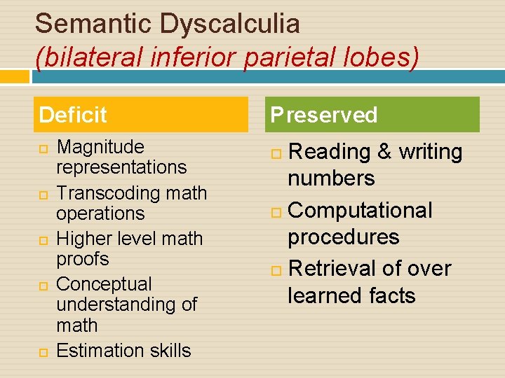 Semantic Dyscalculia (bilateral inferior parietal lobes) Deficit Magnitude representations Transcoding math operations Higher level