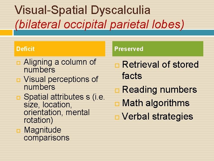 Visual-Spatial Dyscalculia (bilateral occipital parietal lobes) Deficit Aligning a column of numbers Visual perceptions