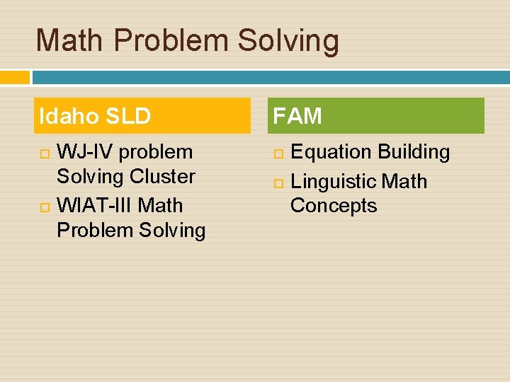 Math Problem Solving Idaho SLD WJ-IV problem Solving Cluster WIAT-III Math Problem Solving FAM