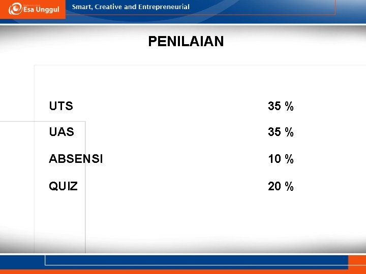 PENILAIAN UTS 35 % UAS 35 % ABSENSI 10 % QUIZ 20 % 