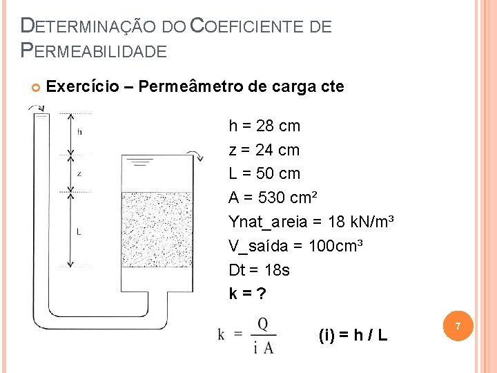 DETERMINAÇÃO DO COEFICIENTE DE PERMEABILIDADE Exercício – Permeâmetro de carga cte h = 28