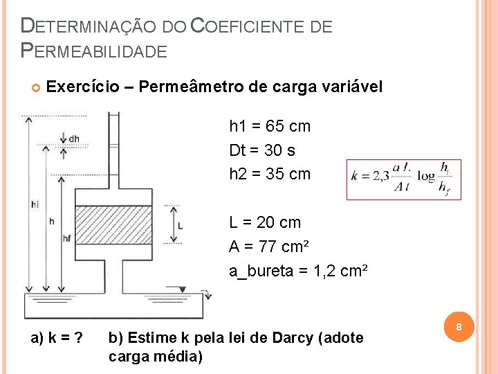 DETERMINAÇÃO DO COEFICIENTE DE PERMEABILIDADE Exercício – Permeâmetro de carga variável h 1 =