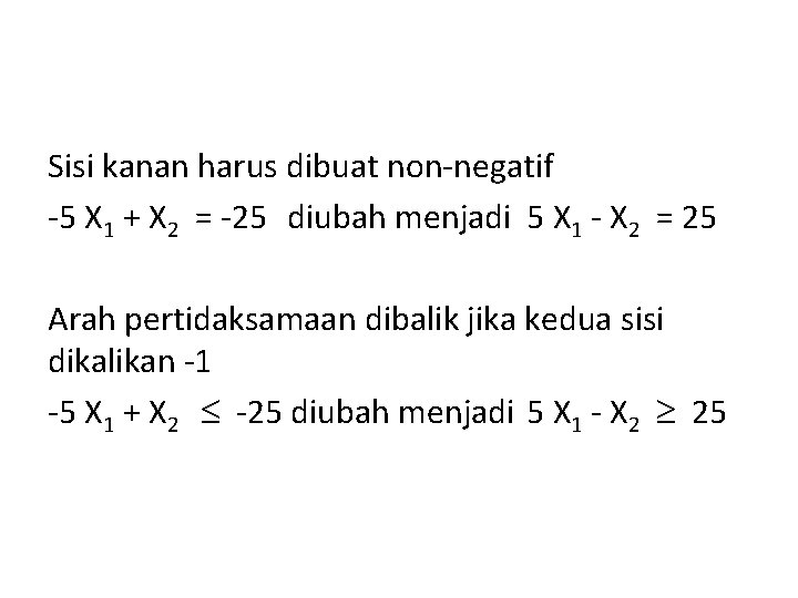 Sisi kanan harus dibuat non-negatif -5 X 1 + X 2 = -25 diubah