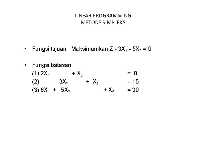 LINEAR PROGRAMMING METODE SIMPLEKS • Fungsi tujuan : Maksimumkan Z - 3 X 1
