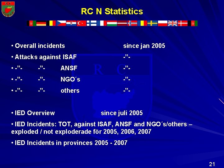 RC N Statistics • Overall incidents since jan 2005 • Attacks against ISAF -”- RC N Statistics • Overall incidents since jan 2005 • Attacks against ISAF -”-