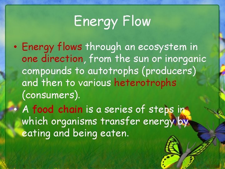 Energy Flow • Energy flows through an ecosystem in one direction, from the sun
